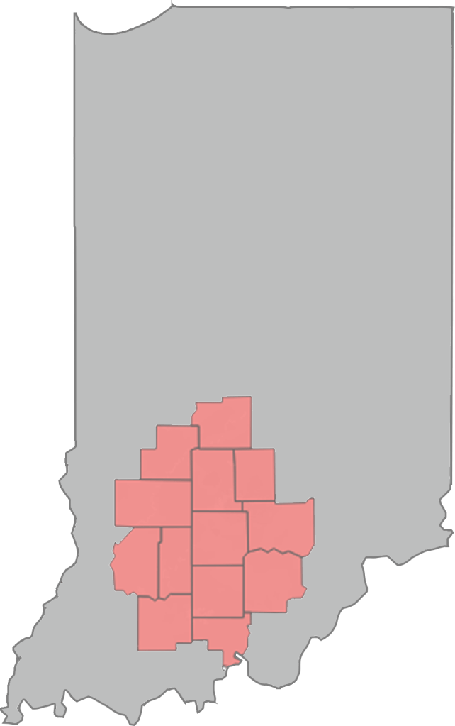 State of Indiana with Brown, Crawford, Daviess, Dubois, Greene, Jackson, Lawrence, Martin, Morgan, Orange, Owen and Washington counties highlighted in a muted red.