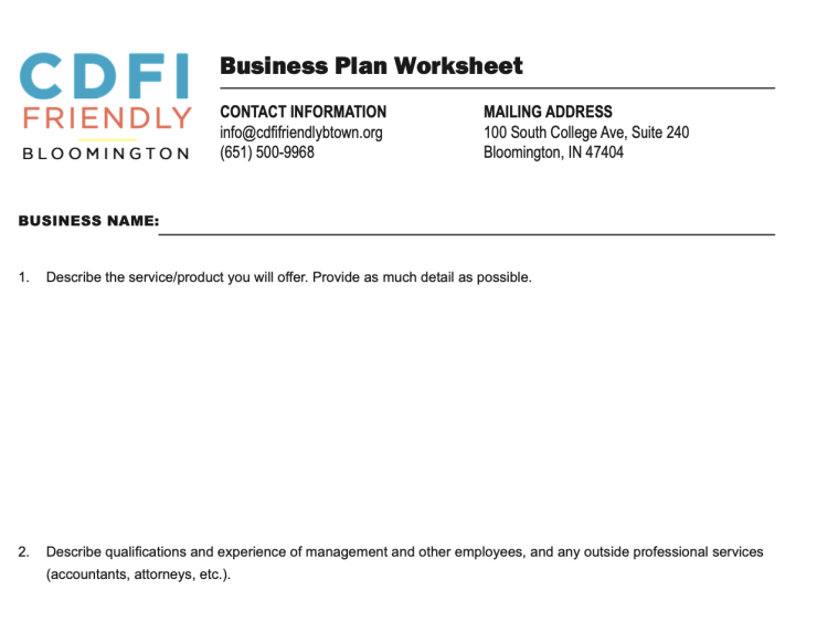 An image of the CDFI Friendly Bloomington Business Plan Worksheet