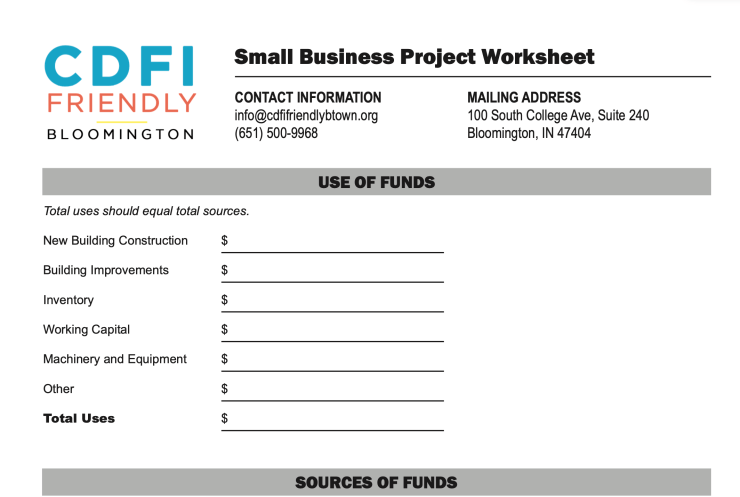 An image of the CDFI Friendly Bloomington small business project worksheet