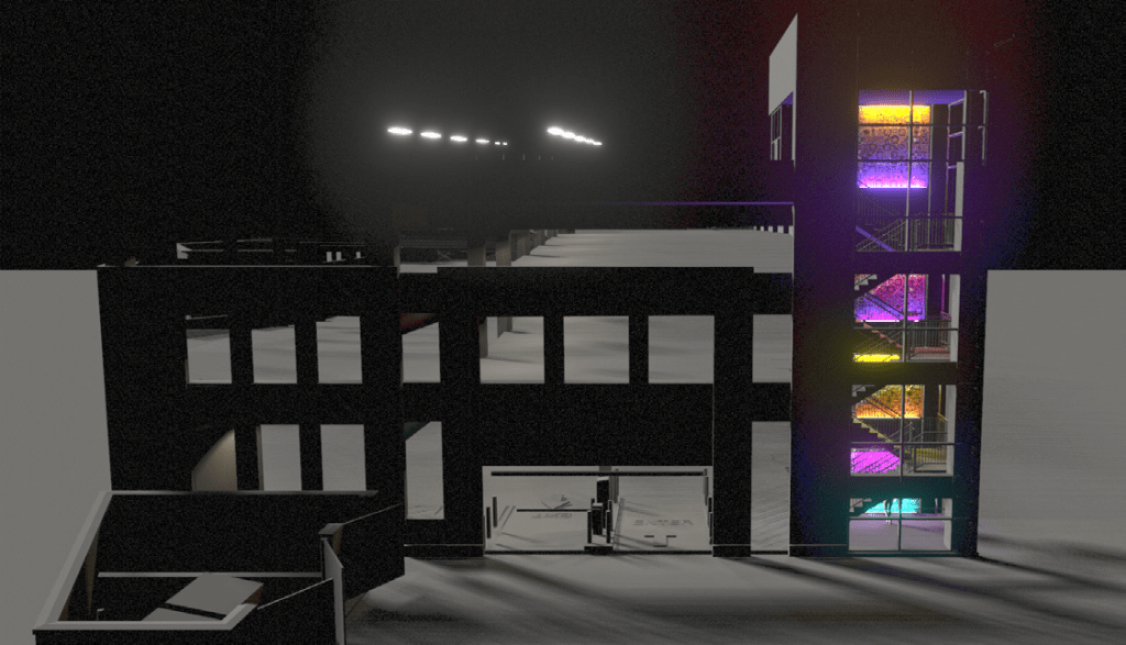Design rendering of the Aurora Almanac design, showing the parking garage lit with the installation in the stairwell at right. To the left is the four story parking garage with lights illuminating the parking spaces.